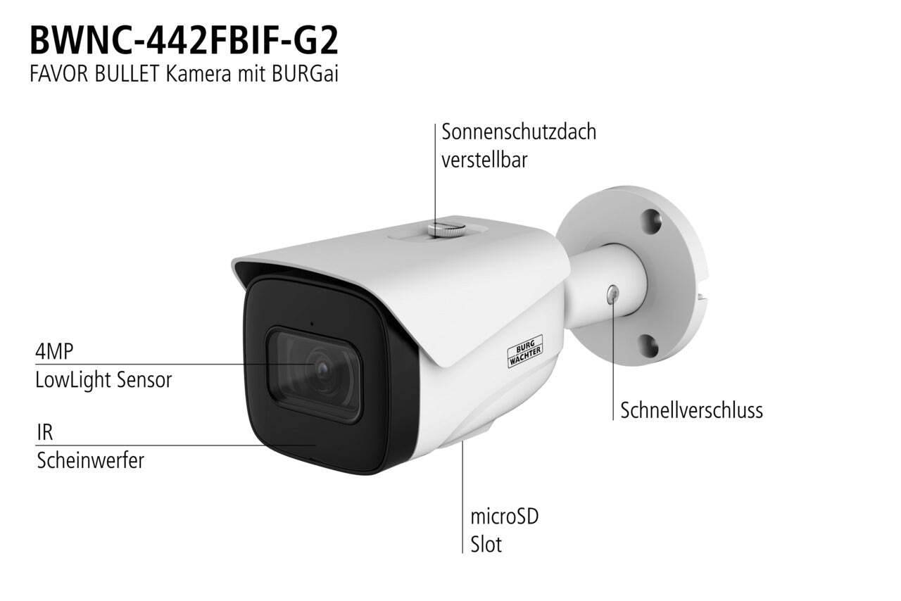 BWNC-442FBIF-G2 BURG GARD, FAVOR Serie G2 Die 4MP IP Kameras der BWNC-442 -G2 FAVOR Serie verfügen über wettergeschützt