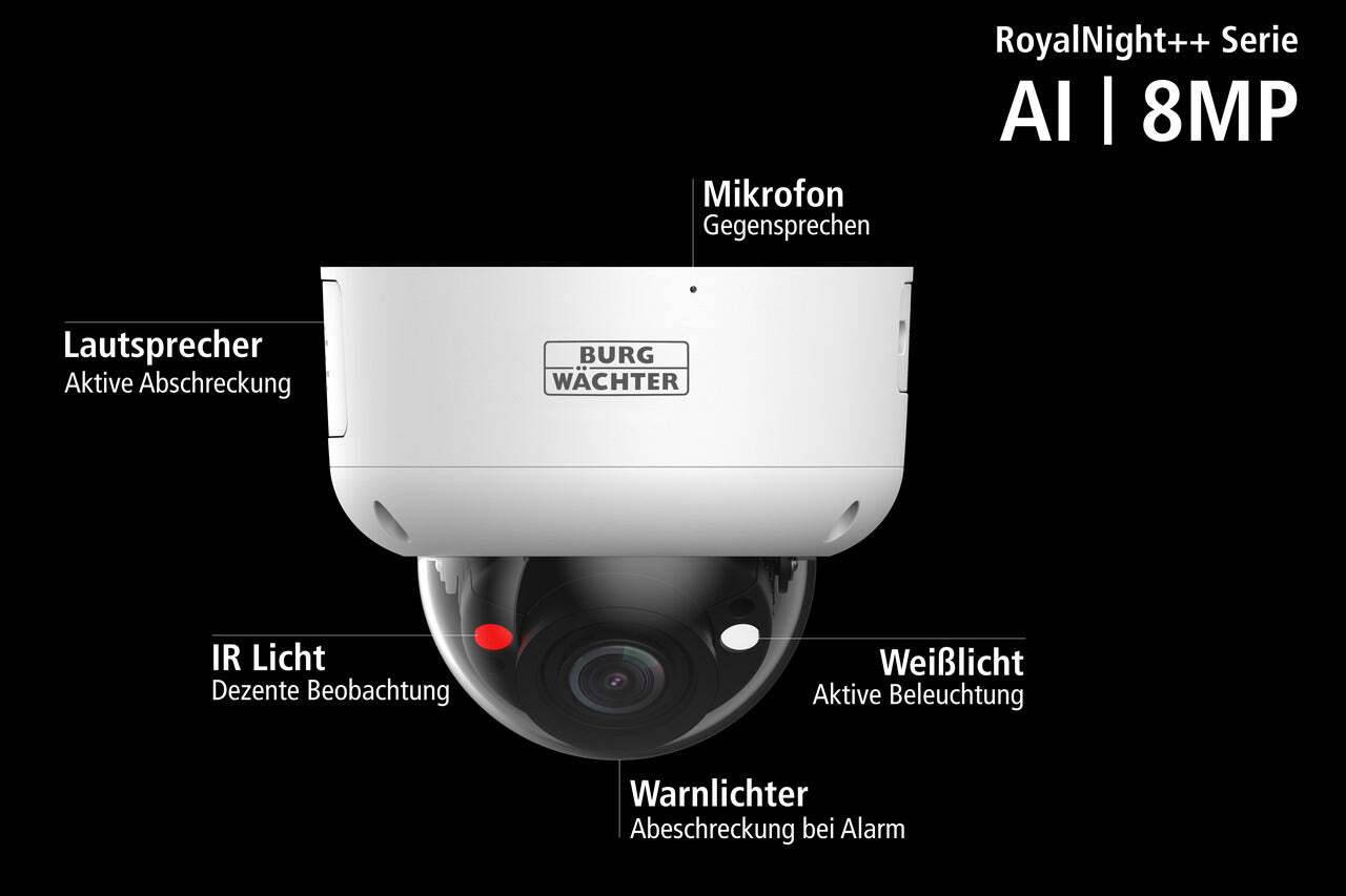 BWNC-832RDCA-G3 BURG GARD, Mit RoyalNight++ immer auf der sicheren Seite 8MP IP RoyalNight++ Dome Zoom Kamera mit Weißl