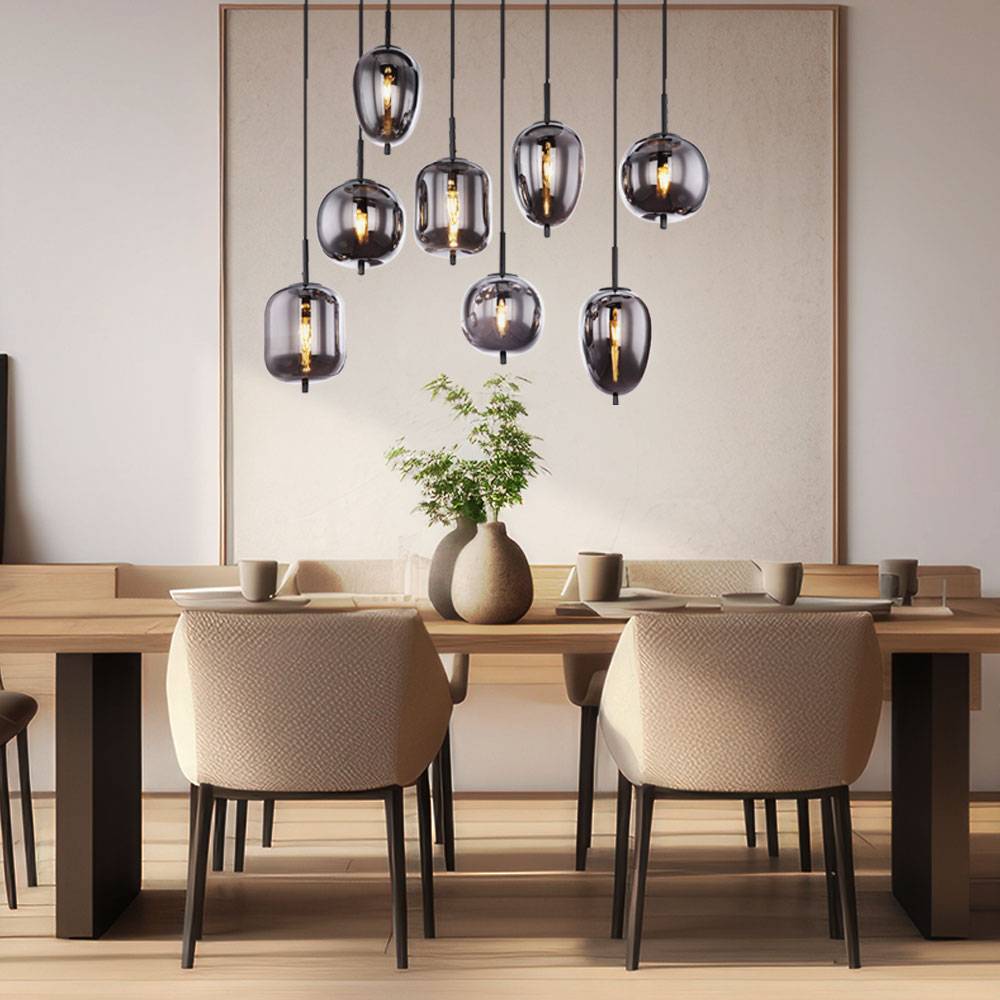 Pendelleuchte 8 flammig Wohnzimmerleuchte Hängelampe Glasschirme rauchfarben, 8 verschiedene Schirme Metall, 8x LED 4,5W 470Lm warmweiß, LxBxH 94x34