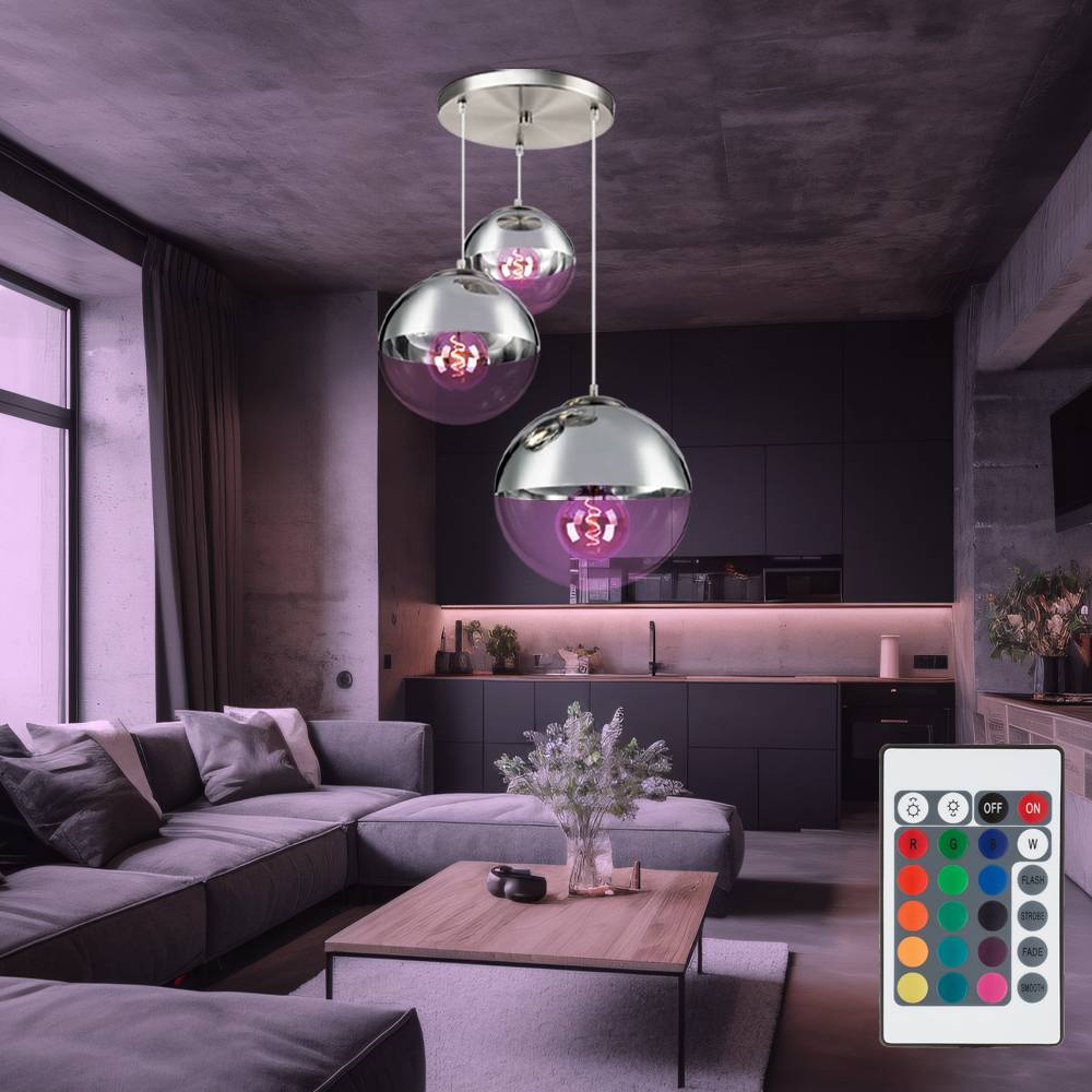 Hängeleuchte Glaskugeln Pendelleuchte Kugellampe Esszimmerleuchte hängend, Chrom klar, Fernbedienung dimmbar, 3x LED RGB 4,8W 470Lm warmweiß, DxH
