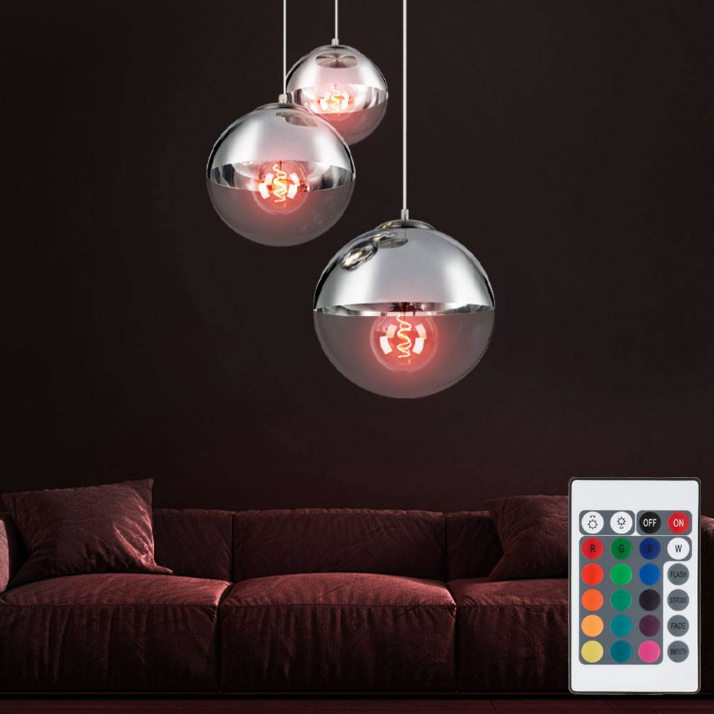 Hängeleuchte Glaskugeln Pendelleuchte Kugellampe Esszimmerleuchte hängend, Chrom klar, Fernbedienung dimmbar, 3x LED RGB 4,8W 470Lm warmweiß, DxH