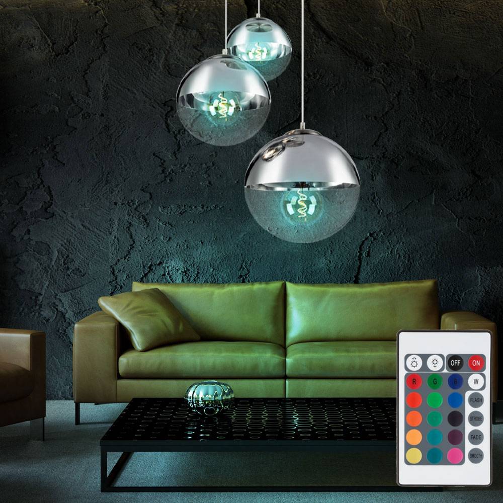 Hängeleuchte Glaskugeln Pendelleuchte Kugellampe Esszimmerleuchte hängend, Chrom klar, Fernbedienung dimmbar, 3x LED RGB 4,8W 470Lm warmweiß, DxH