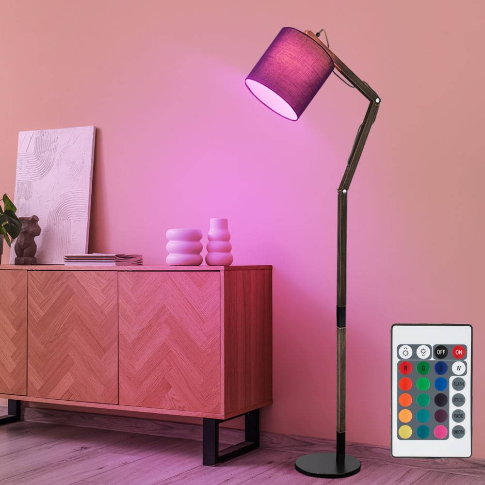 Stehleuchte Fernbedienung dimmbar Gelenkleuchte Holz Textilschirm Wohnzimmerlampe beweglich, Metall schwarz braun, RGB LED 8,5W 806Lm warmweiß,