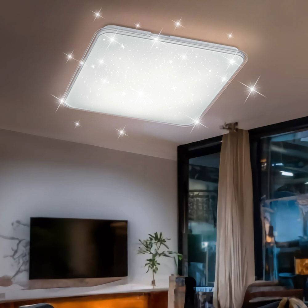 Deckenleuchte mit Sterneneffekt dimmbare Deckenlampe weiß quadratisch, 3-Stufen Dimmer, 21 Watt LED 2200 Lumen 4000K neutralweiß, 42,5x42,5x9cm, Woh
