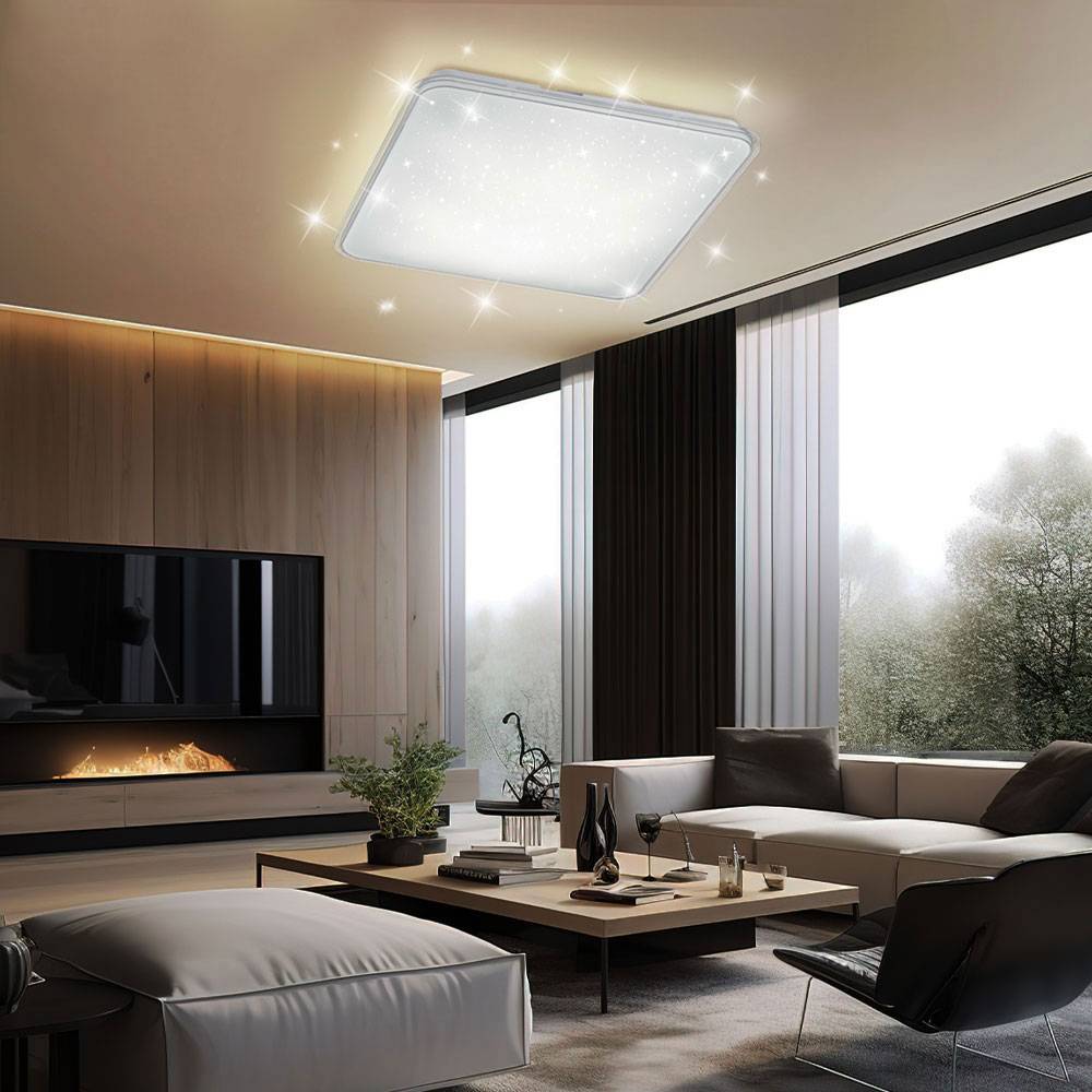 Deckenleuchte mit Sterneneffekt dimmbare Deckenlampe weiß quadratisch, 3-Stufen Dimmer, 21 Watt LED 2200 Lumen 4000K neutralweiß, 42,5x42,5x9cm, Woh