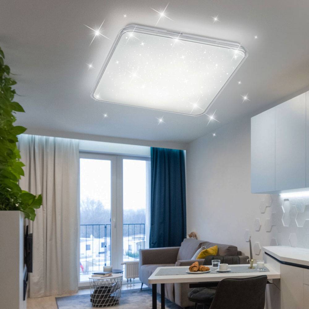 Deckenleuchte mit Sterneneffekt dimmbare Deckenlampe weiß quadratisch, 3-Stufen Dimmer, 21 Watt LED 2200 Lumen 4000K neutralweiß, 42,5x42,5x9cm, Woh