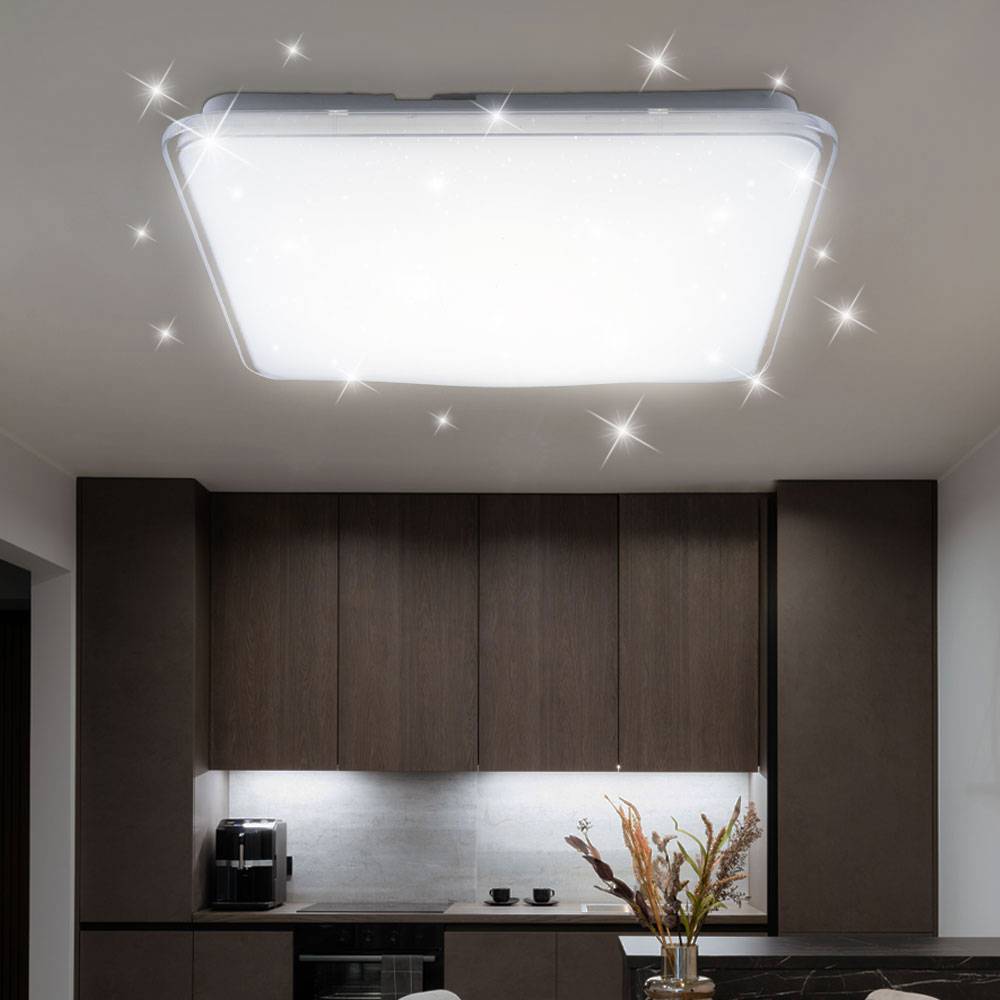 Deckenleuchte mit Sterneneffekt dimmbare Deckenlampe weiß quadratisch, 3-Stufen Dimmer, 21 Watt LED 2200 Lumen 4000K neutralweiß, 42,5x42,5x9cm, Woh