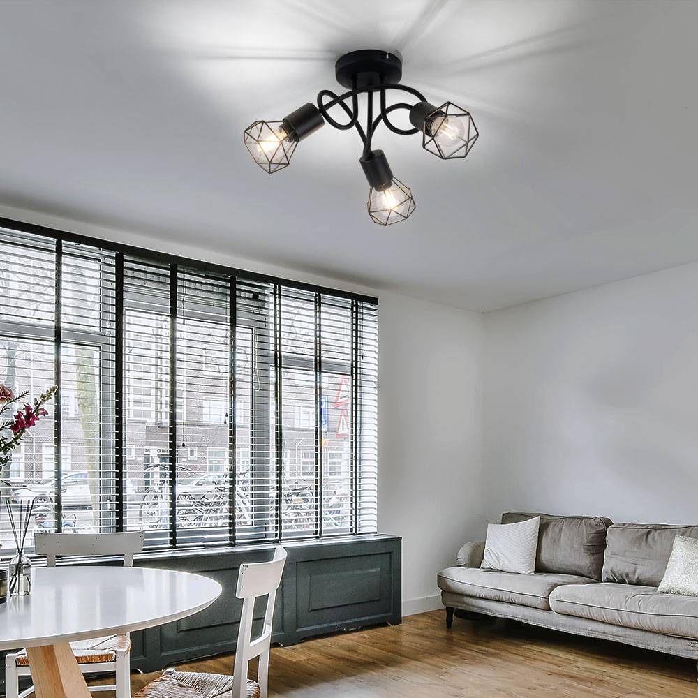 Deckenleuchte Metall schwarz Spotleuchte 3 flammig Deckenlampe Gitterschirm Käfiglampe, Metall, 3x E14 Fassungen, DxH 36x20 cm