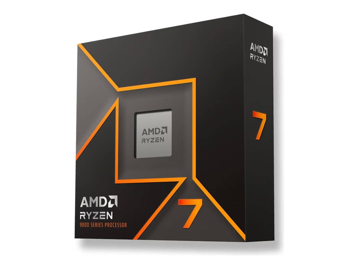 AMD Ryzen 7 5000er Prozessor-Box-Verpackung, schwarz mit orangefarbenen geometrischen Akzenten und einem Chip-Bild auf der Vorderseite.