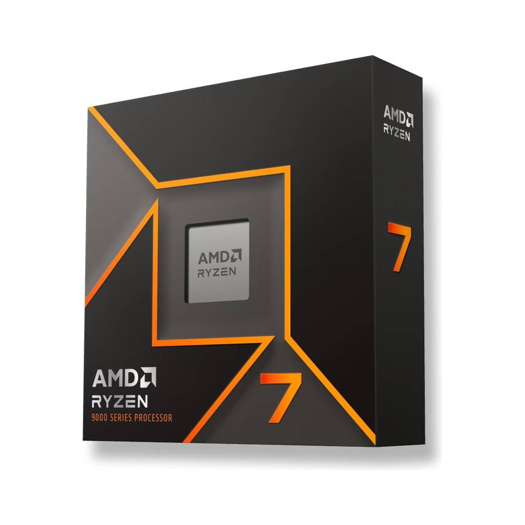 AMD Ryzen 7 9000er Serien Prozessor Box in Schwarz und Orange, mit AMD Ryzen Logo und großer Zahl 7.