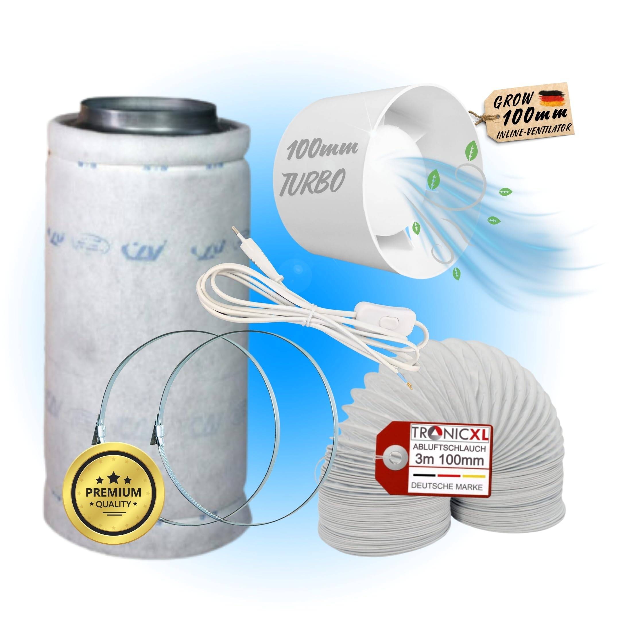 Grow Abluft Set 100mm leise Belüftungsset für Growbox Aktivkohlefilter Lüfter Abluftlüfter Abluftschlauch mit Kabel