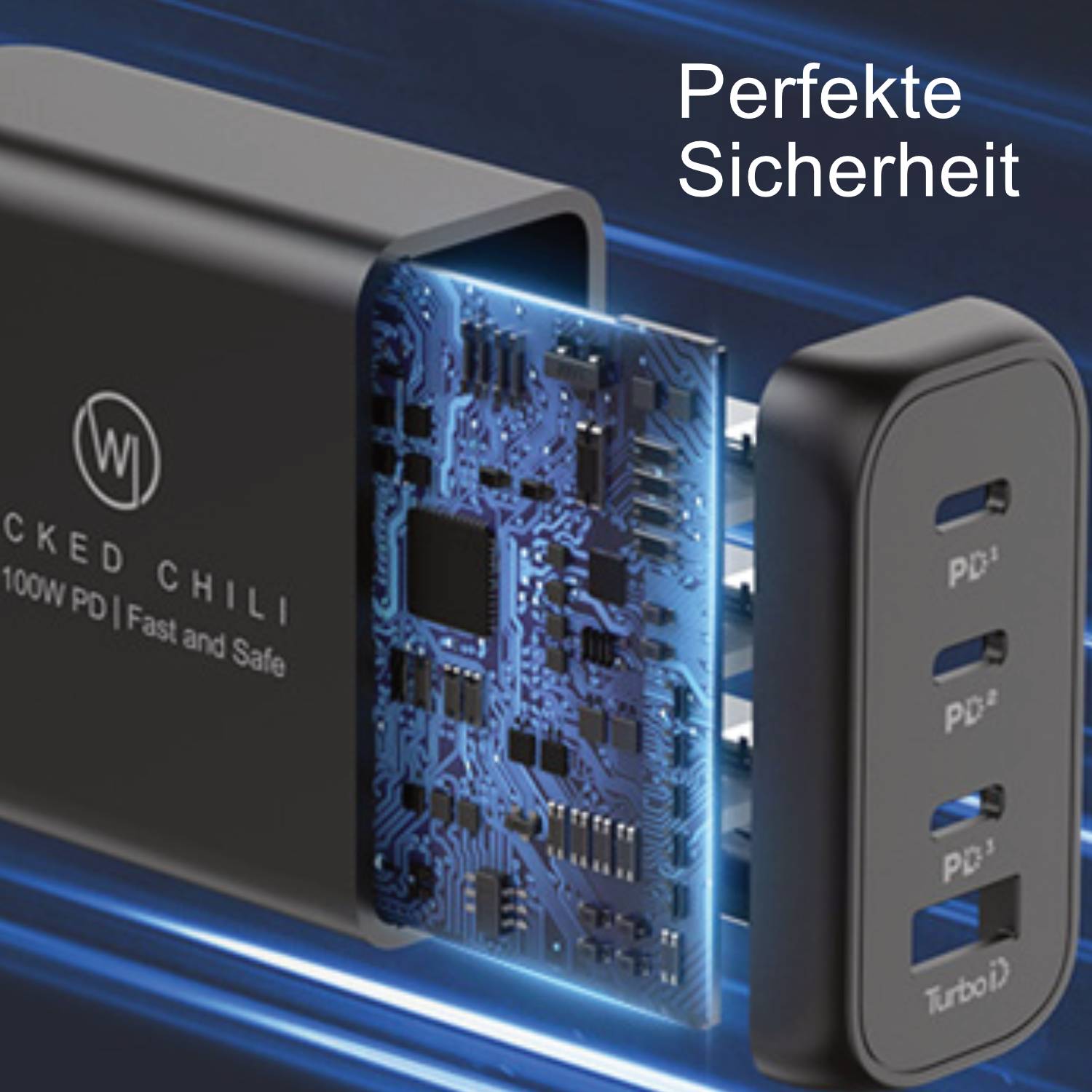 Wicked Chili 100W GaN III Ladegerät mit USB-C PD, PPS und QC4.0+ Fast Charge Netzteil für iPhone, iPad, MacBook (schwarz)
