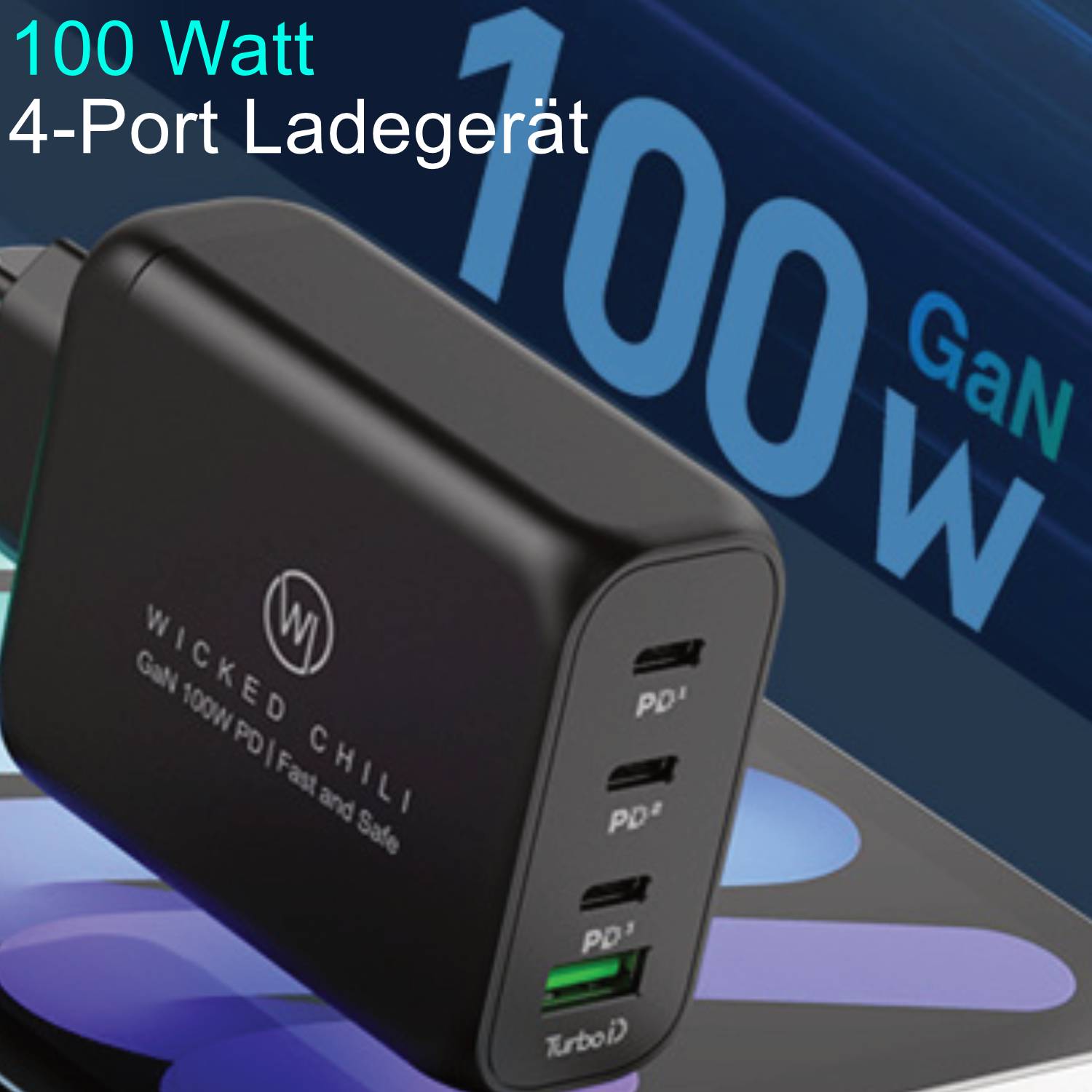 Wicked Chili 100W GaN III Ladegerät mit USB-C PD, PPS und QC4.0+ Fast Charge Netzteil für iPhone, iPad, MacBook (schwarz)