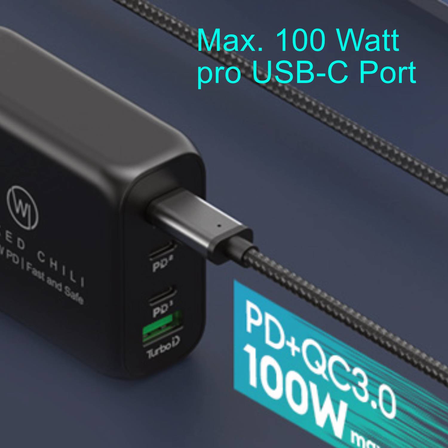 Wicked Chili 100W GaN III Ladegerät mit USB-C PD, PPS und QC4.0+ Fast Charge Netzteil für iPhone, iPad, MacBook (schwarz)