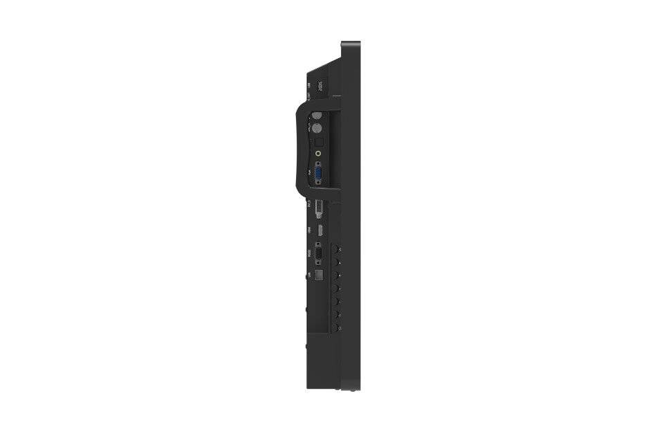 Seitenansicht eines schwarzen industriellen Touchscreen-Computerpanels mit Anschlüssen und Konnektoren an der Rück- und Seitenseite.