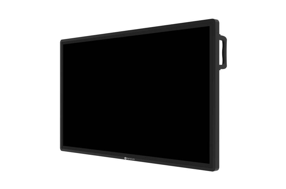 Ein großer schwarzer flacher Bildschirm oder Monitor, schräg auf weißem Hintergrund gezeigt, mit einem Seitengriff auf der rechten Seite.
