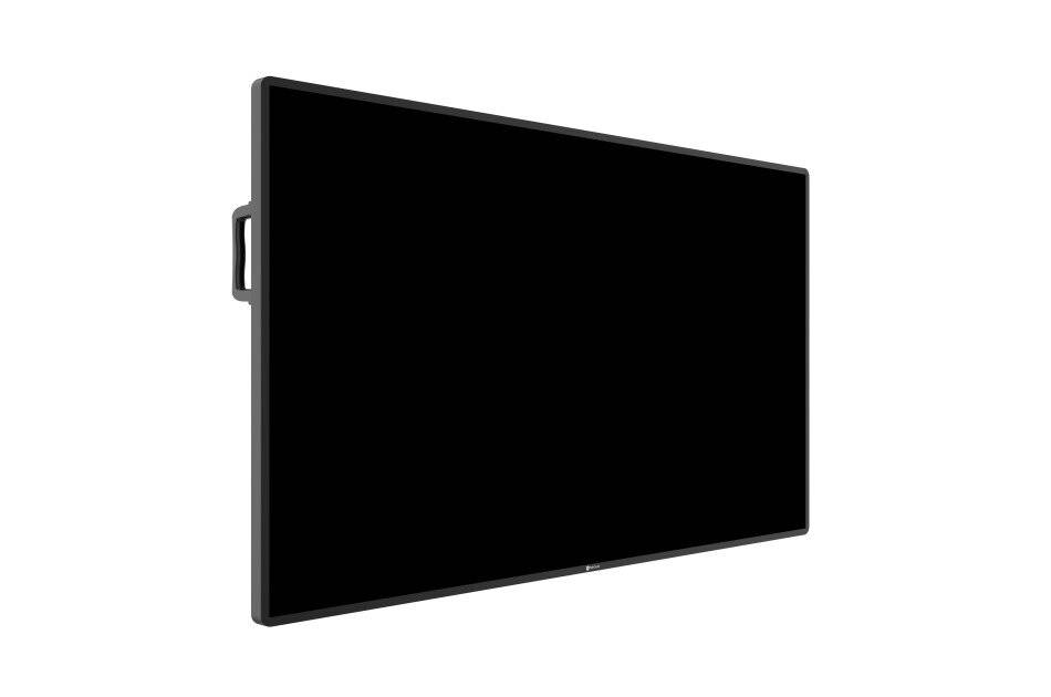 Ein schwarzes Flachbildschirm-Display oder Monitor, von der Seite betrachtet auf weißem Hintergrund.