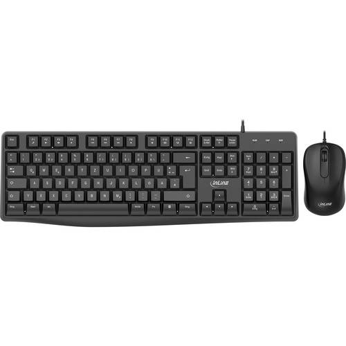 Eine schwarze kabelgebundene Tastatur mit beschrifteten Tasten und eine daneben platzierte passende schwarze kabelgebundene Maus, beide der Marke „inline