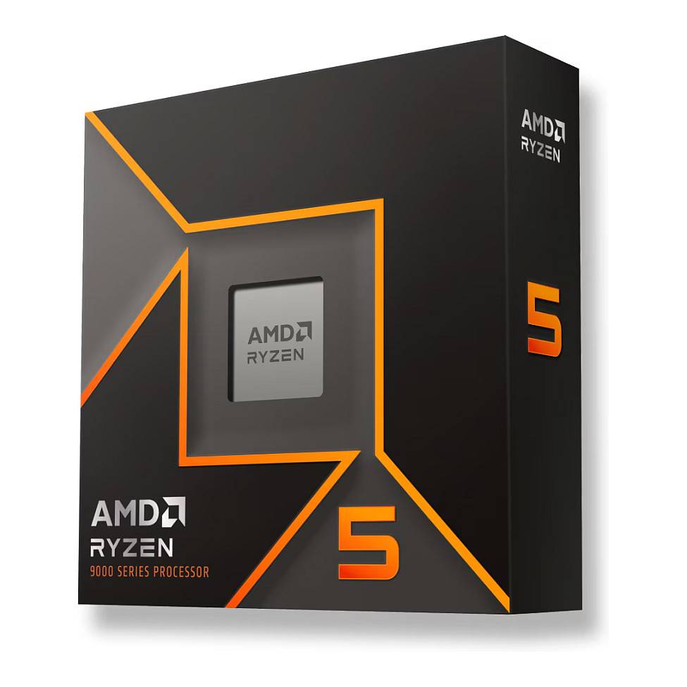 Das Bild zeigt eine schwarze Verpackung eines AMD Ryzen 5 9000er Series-Prozessors mit einem kantigen orangefarbenen Design und dem sichtbaren Prozessor durch ein Fenster.