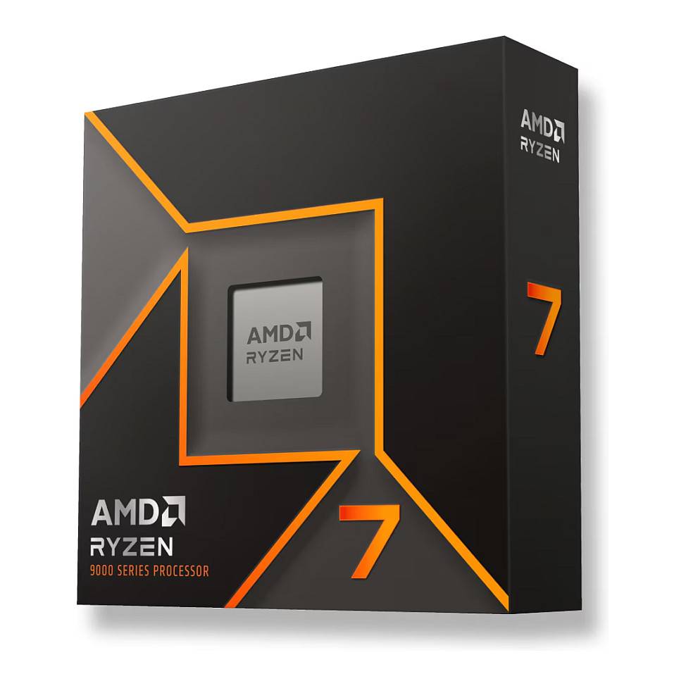 Das Bild zeigt eine Schachtel für den AMD Ryzen 7 9000 Series Prozessor mit schwarzem Design und orangefarbenen Akzenten sowie dem Ryzen-Logo.