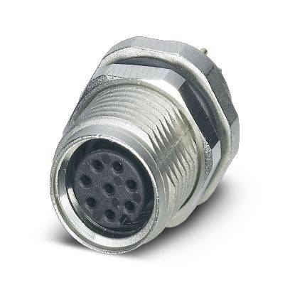 Nahaufnahme eines kreisförmigen Mehrpin-Elektrosteckers aus Metall mit Gewinde-Gehäuse und Steckerfläche.