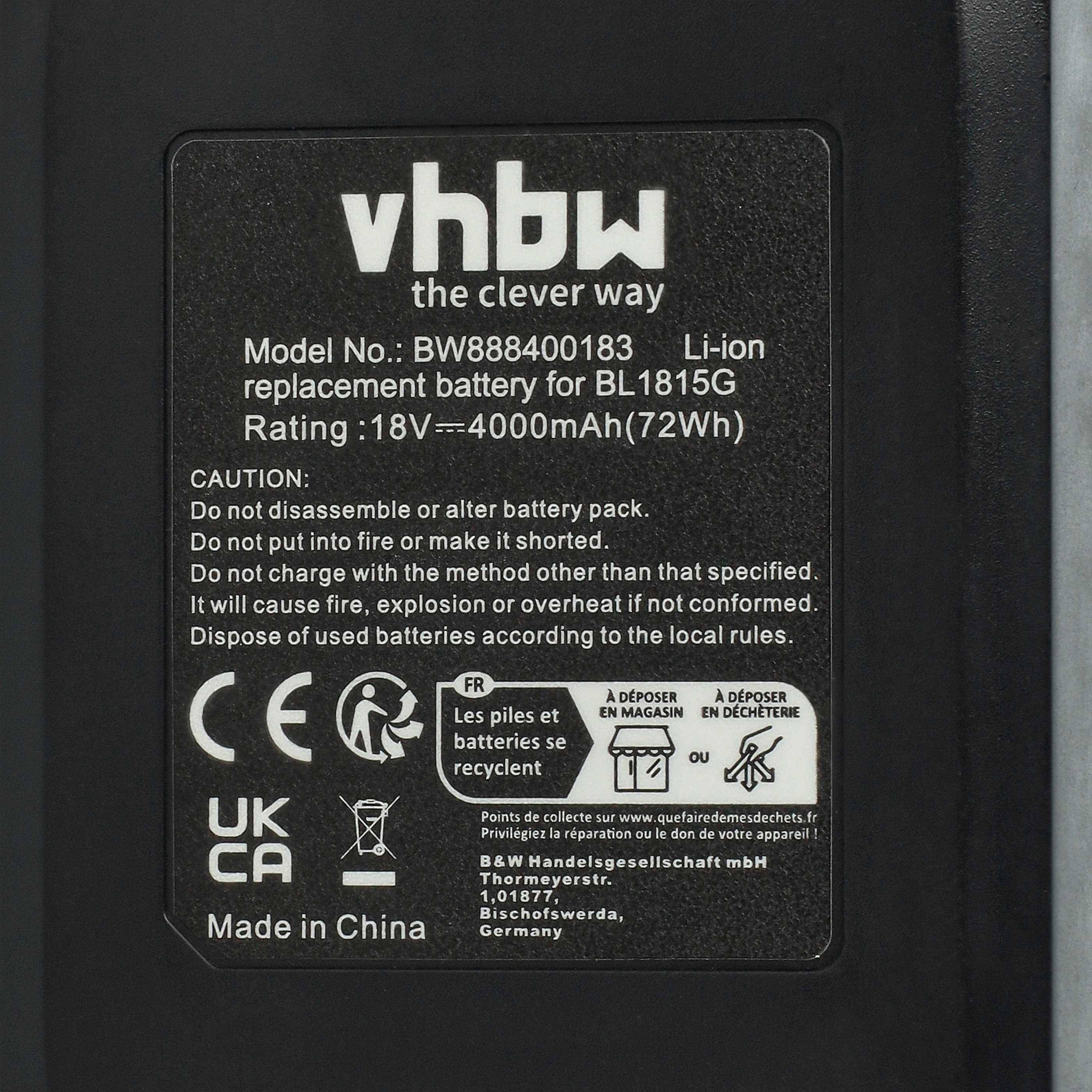 vhbw 3x Akku Ersatz für Makita 195608-4, 198186-3, 196367-3, BL1815G, BL1813G, BL1820G für Werkzeug (4000 mAh, Li-Ion, 18 V)