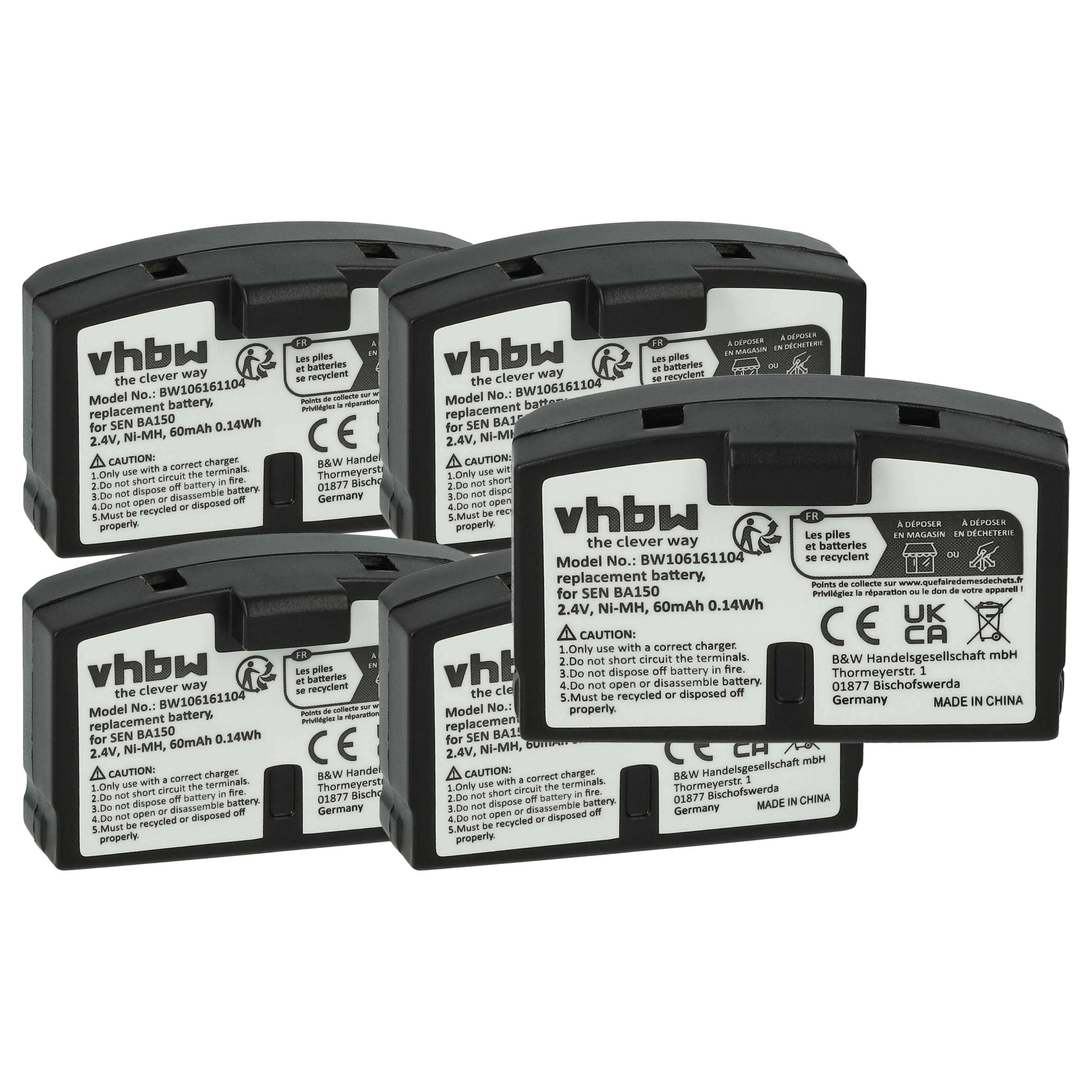 vhbw 5x Akku Ersatz für Williams Sound BAT AP97A für Wireless Headset Kopfhörer (60 mAh, 2,4 V, NiMH)