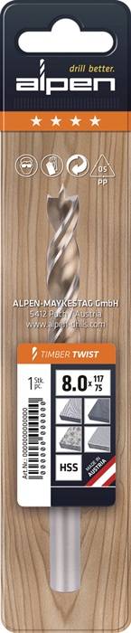 Ein Bohrer mit der Bezeichnung 'TIMBER TWIST', Größe 8,0 mm, mit der Marke 'ALPEN-MAYKESTAG GmbH', für die Verwendung mit Holz bestimmt.