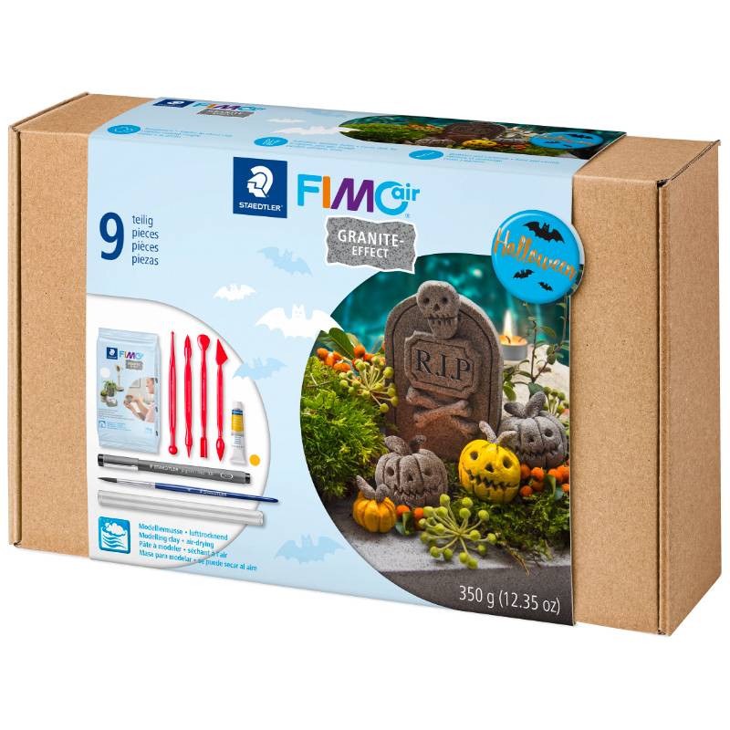 FIMOair 'Granit-Effekt' Ton-Set mit 9 Teilen, mit Halloween-Motiv, bestehend aus einem Grabstein, Kürbislampen und Fledermäusen.