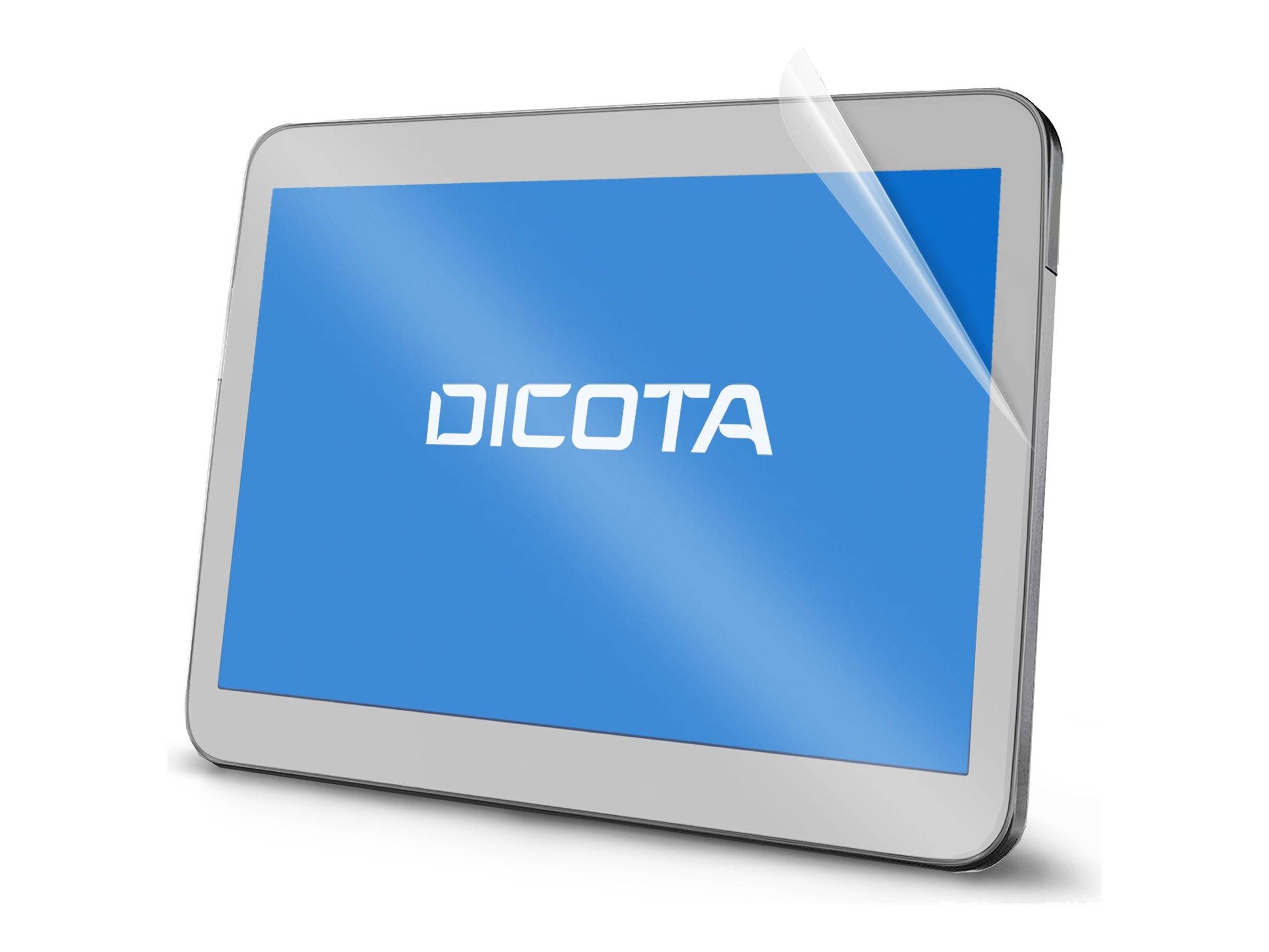 Eine silberfarbene Tablette oder ein Touchscreen-Gerät mit blauem Bildschirm, auf dem das Wort „DICOTA