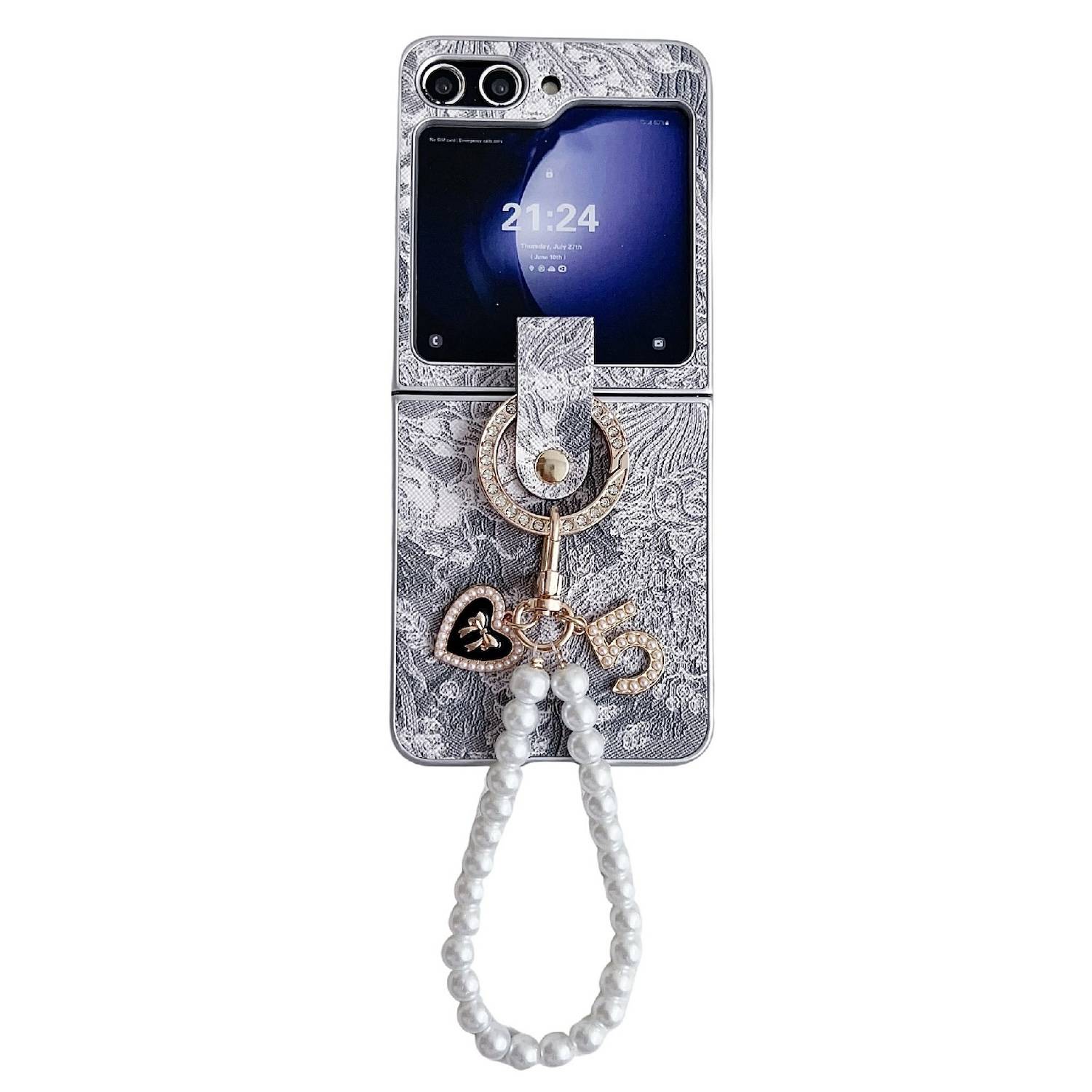 Für Samsung Galaxy Z Flip6 Stick Design Hülle mit Ringperlenkette Grau