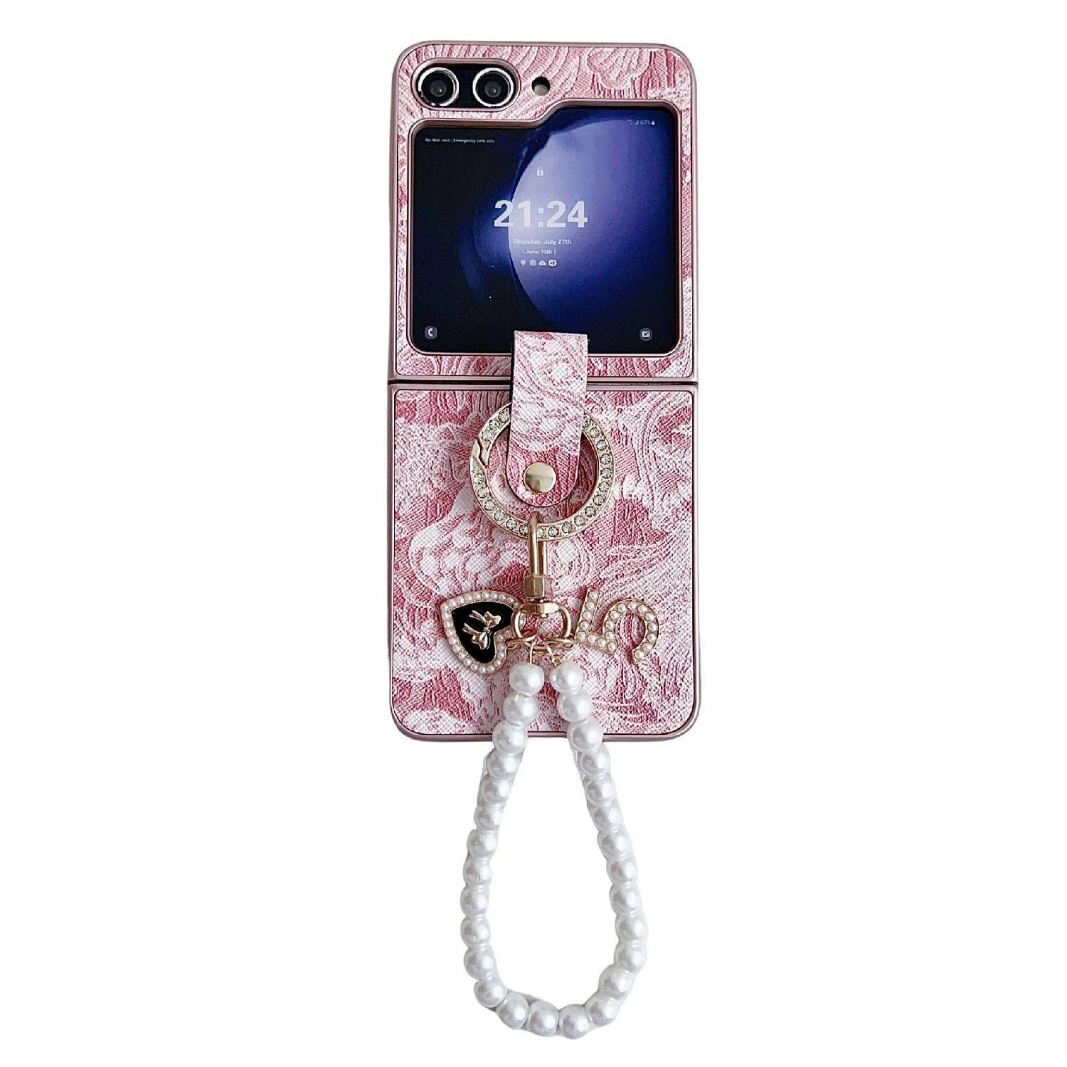 Für Samsung Galaxy Z Flip6 Stick Design Hülle Ringperlenkette Pink
