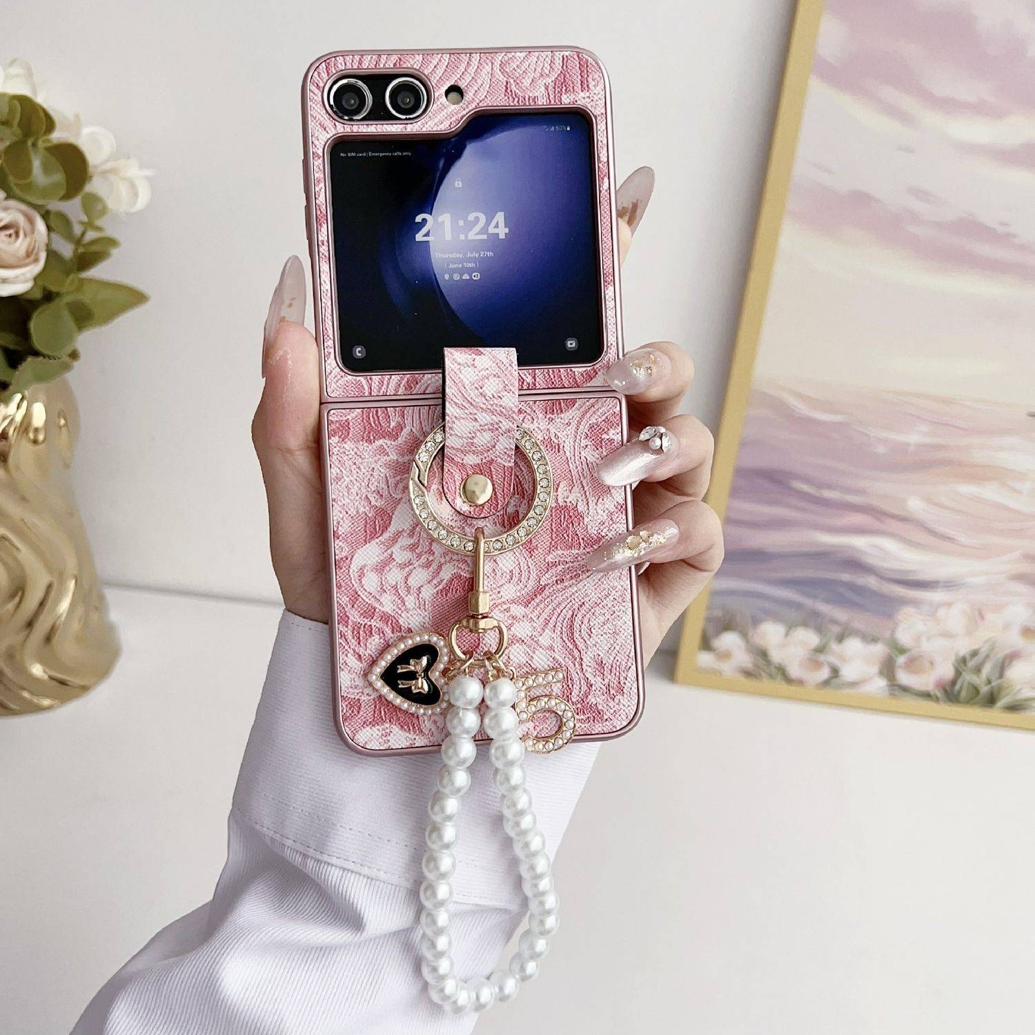Für Samsung Galaxy Z Flip6 Stick Design Hülle Ringperlenkette Pink