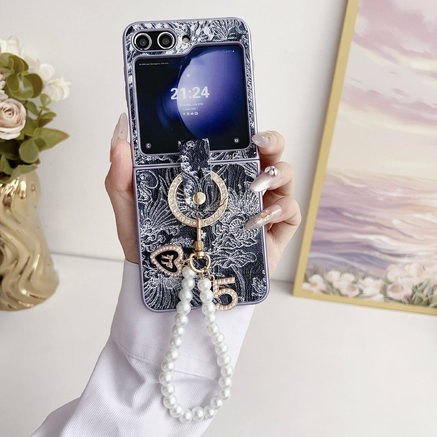 Für Samsung Galaxy Z Flip6 Stick Design Hülle Ringperlenkette Blau