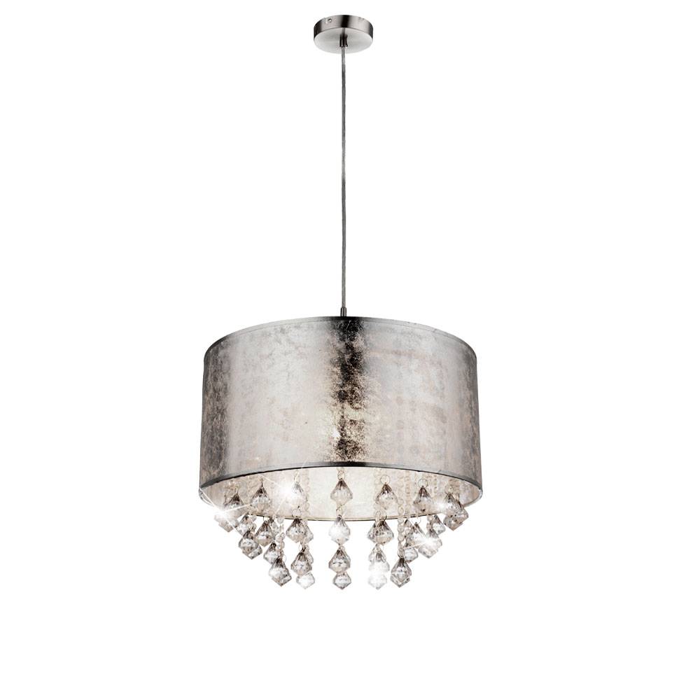 Hängeleuchte Textilschirm Pendelleuchte Kristalle silber Hängelampe Esstischleuchte Stoff, Nickel matt, klar, 1x E27 Fassung, DxH 40x140 cm