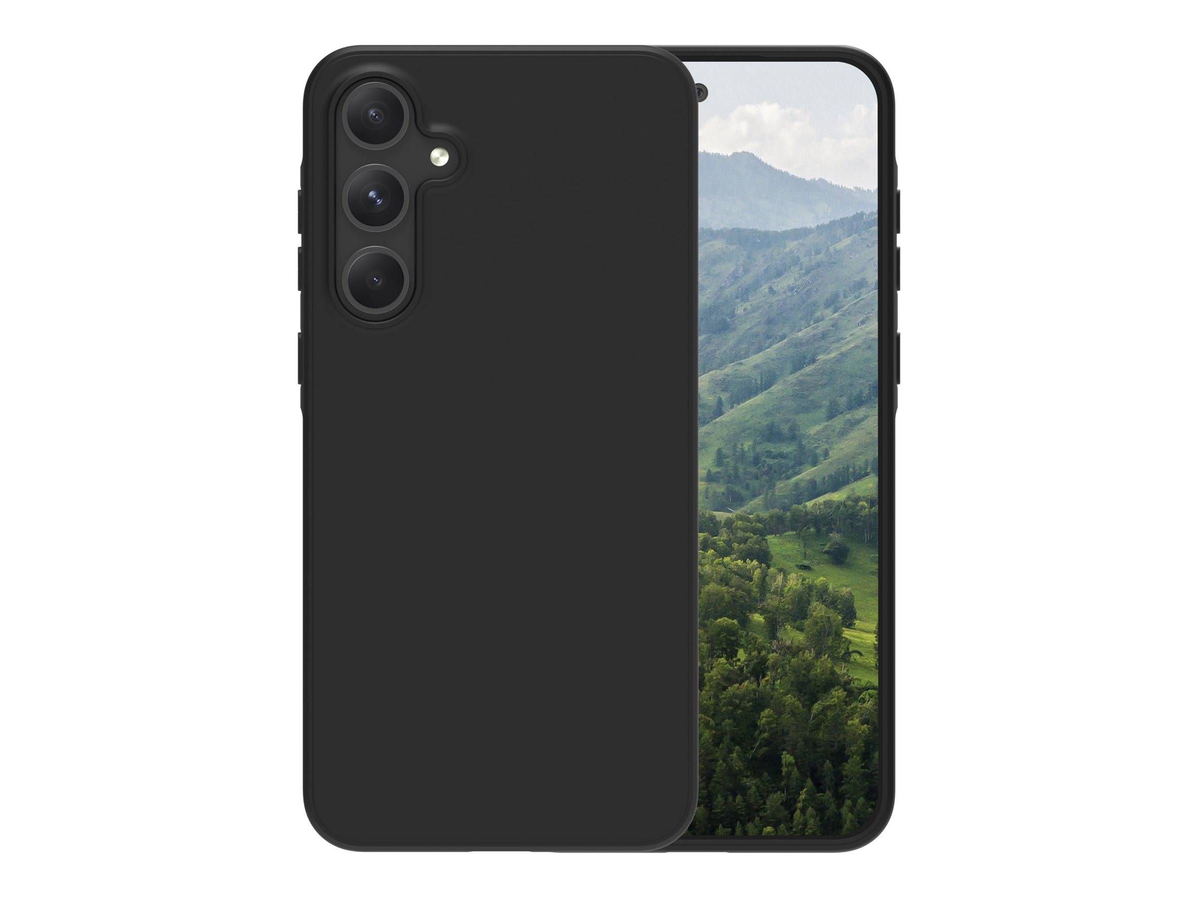 Schwarze Smartphone-Hülle, die auf einem Telefon angebracht ist und den Bildschirm teilweise verdeckt, wobei auf der rechten Seite eine grüne Berglandschafts-Hintergrundillustration sichtbar ist.