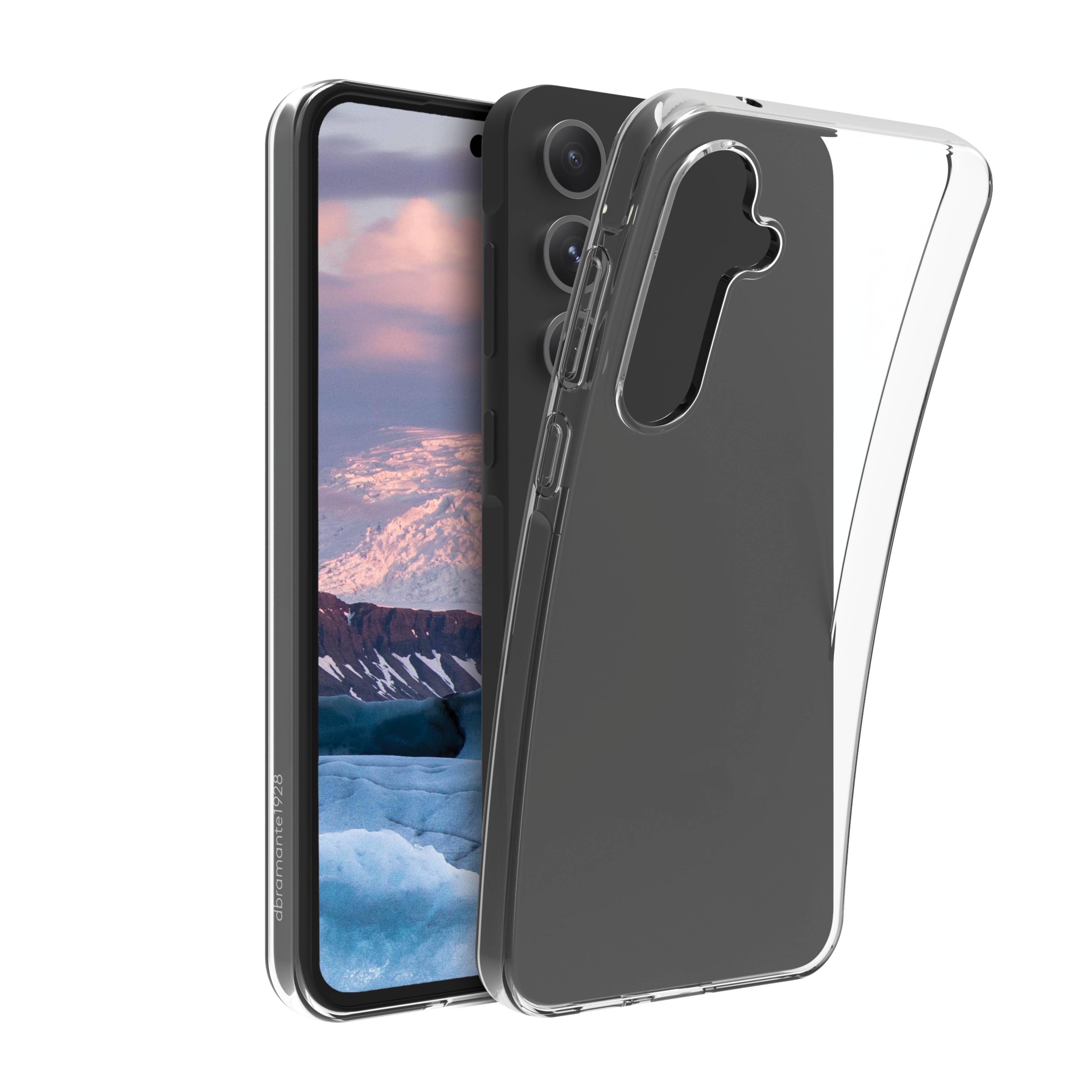 Zwei klare Schutz-Smartphone-Hüllen, eine dunkel und eine transparent, werden über einem Telefon gezeigt, um die Passform und Kameraausschnitte zu veranschaulichen.
