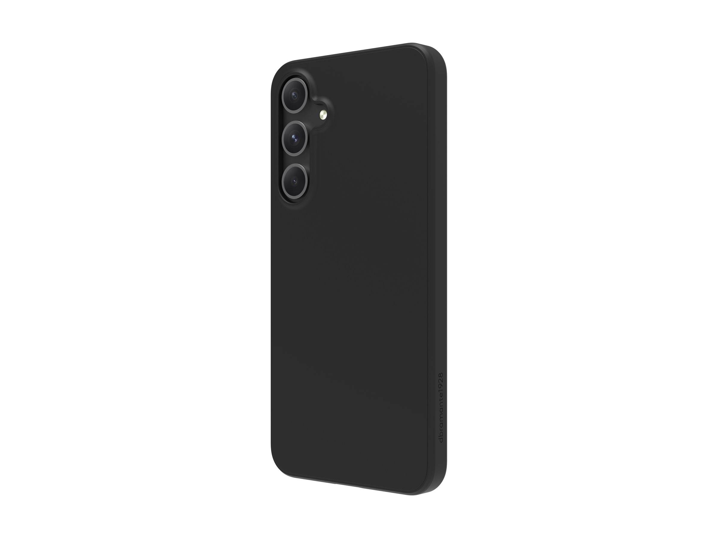 Schwarze Smartphone-Hülle von hinten gezeigt, mit drei Kameraausschnitten und einer Blitzöffnung oben links.
