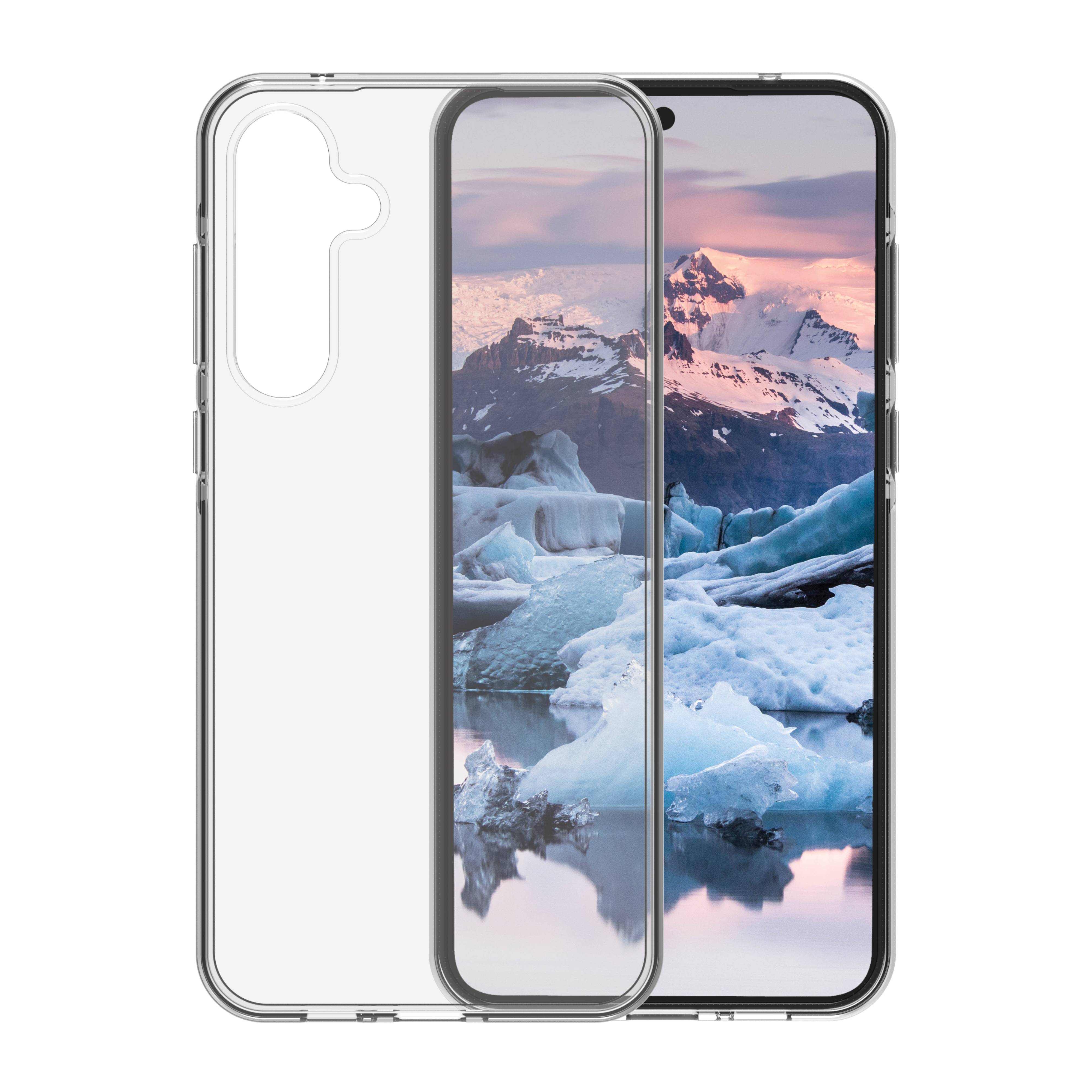 Transparente Smartphone-Schutzhülle neben einem Telefon, die Aussparungen und einen Blick auf den Telefonbildschirm mit einer verschneiten Berglandschaft und Eislandschaft zeigt.