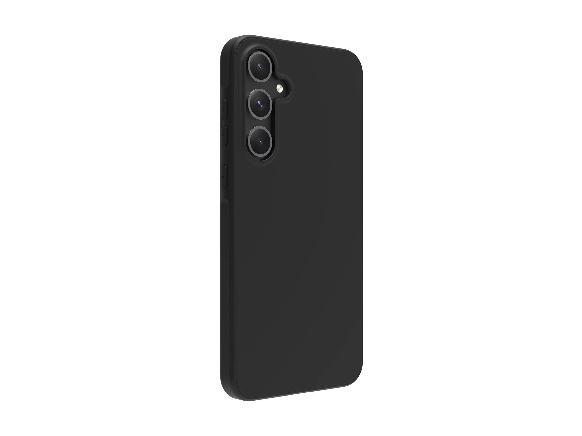 Schwarze Smartphone-Rückseite auf einfachem weißem Hintergrund, mit drei hinteren Kameraausschnitten und einer Blitzöffnung in der Nähe der oberen linken Ecke.