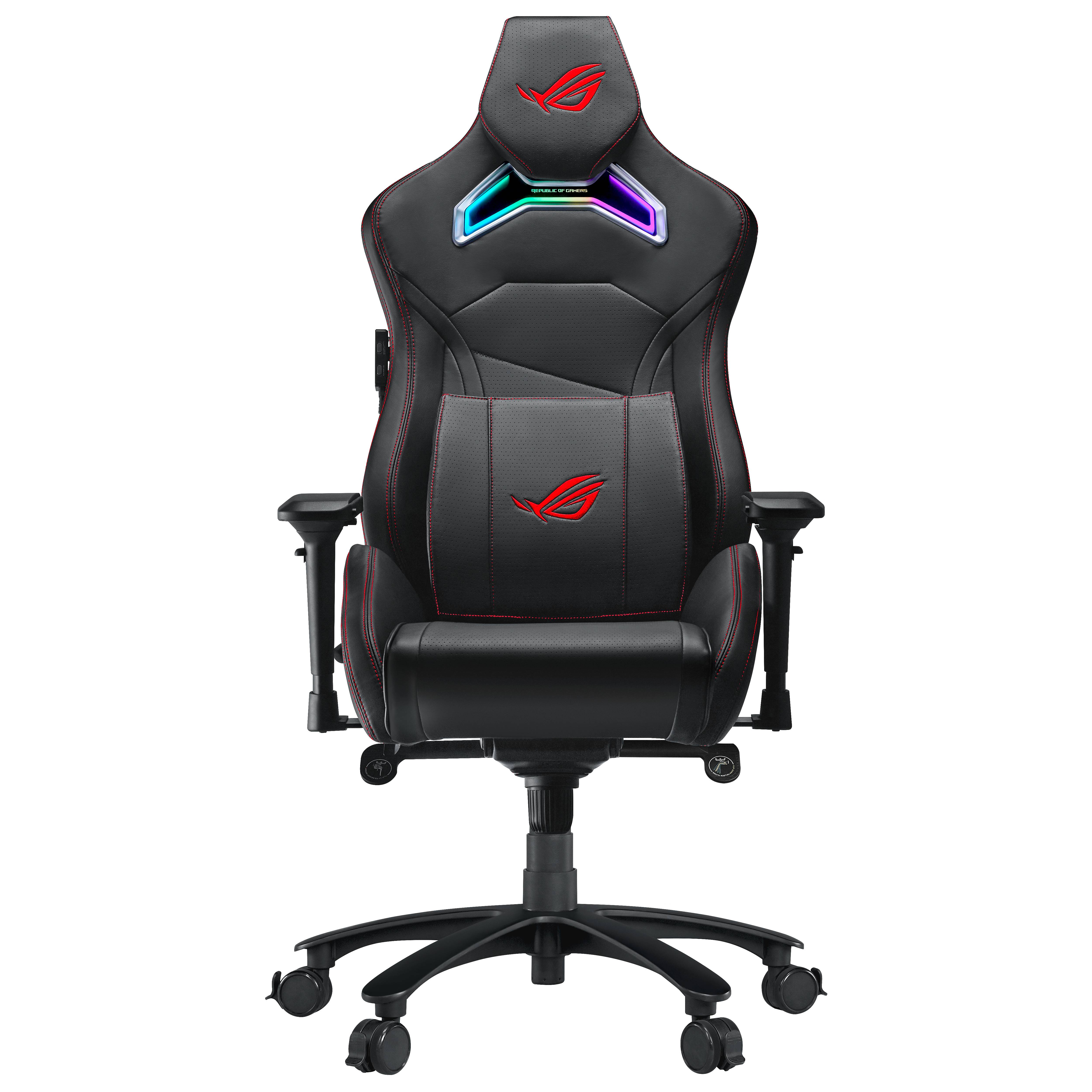 Ein schwarzer Gaming-Stuhl mit roten Details und RGB-Beleuchtung, ausgestattet mit Armlehnen und einem hohen Rückendesign für ergonomischen Komfort.