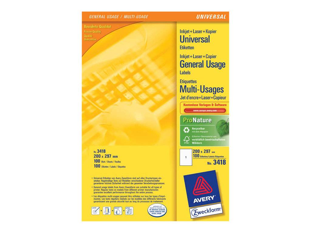 AVERY ZWECKFORM - Avery - Weiß - A4 (210 x 297 mm) 100 Stck. (100 Bogen x 1)