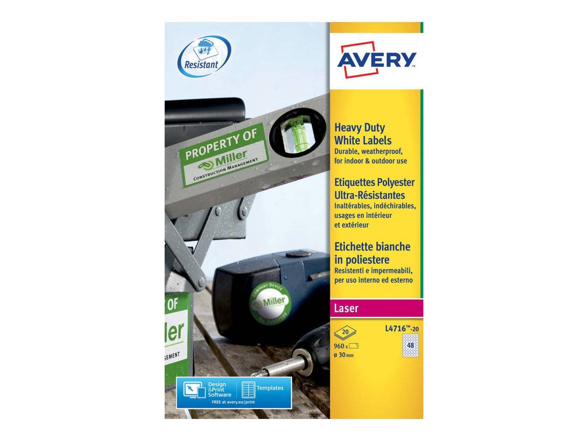 AVERY ZWECKFORM - Avery Heavy Duty Laser Labels L4716 - Polyester - permanenter Klebstoff - beschichtet - weiß - 30 mm r