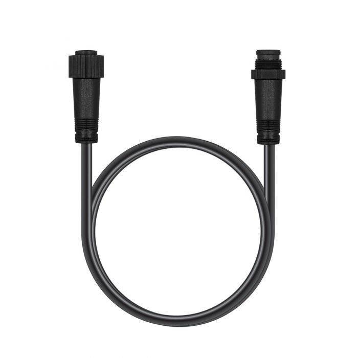 Schwarzes aufgerolltes Kabel mit wasserdichten Steckverbindern an beiden Enden, dargestellt auf weißem Hintergrund.
