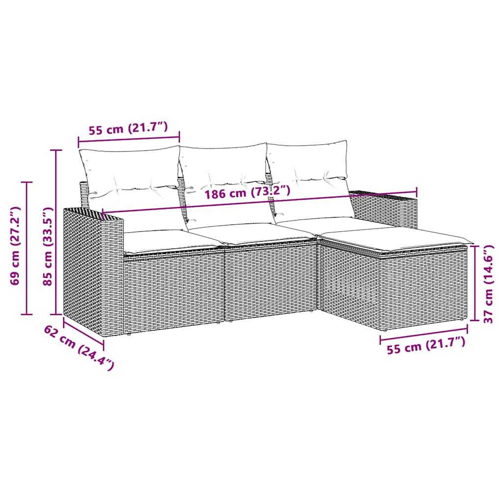 vidaXL 4-tlg. Garten-Sofagarnitur mit Kissen Hellgrau Poly Rattan