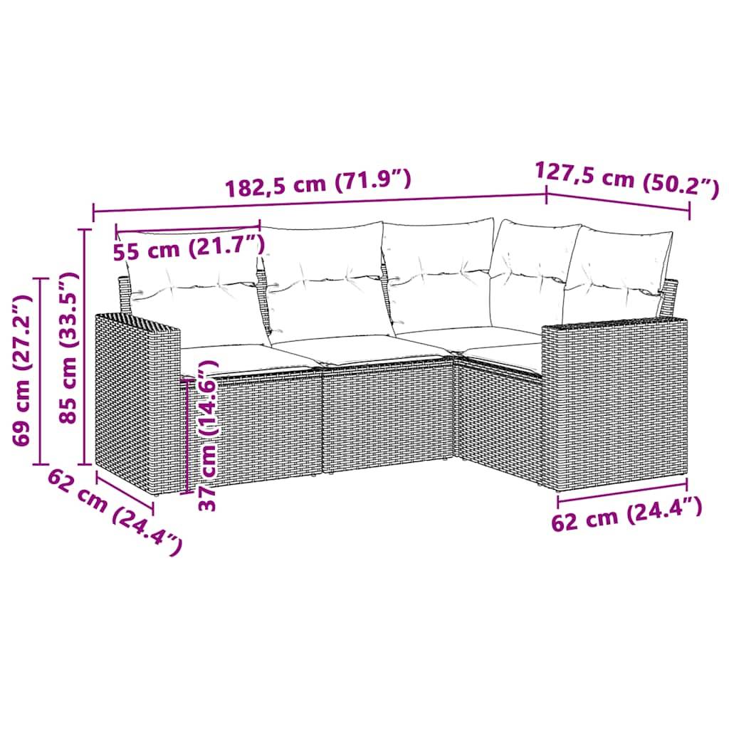 vidaXL 4-tlg. Garten-Sofagarnitur mit Kissen Hellgrau Poly Rattan