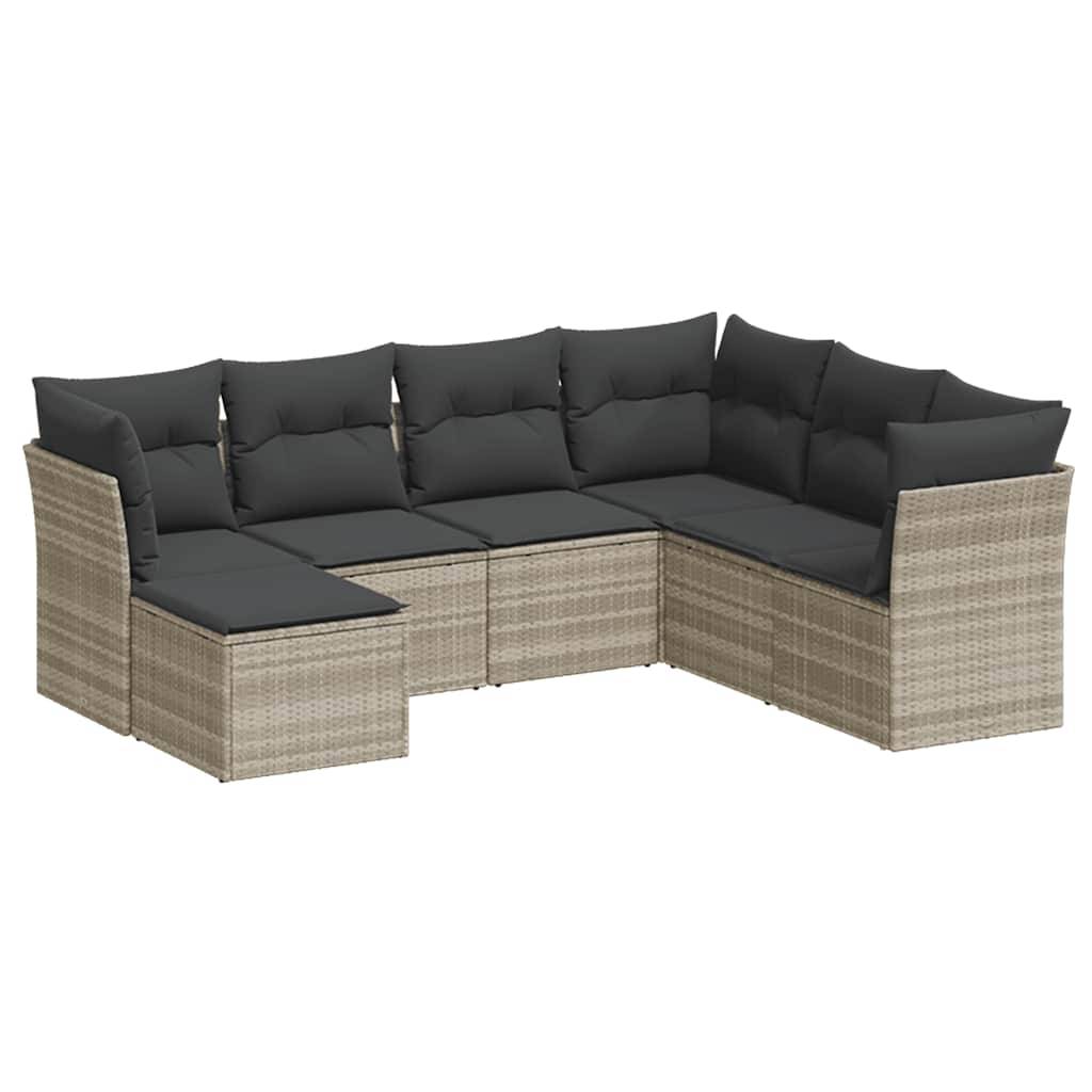 vidaXL 7-tlg. Garten-Sofagarnitur mit Kissen Hellgrau Poly Rattan