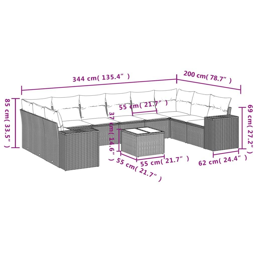 vidaXL 11-tlg. Garten-Sofagarnitur mit Kissen Hellgrau Poly Rattan
