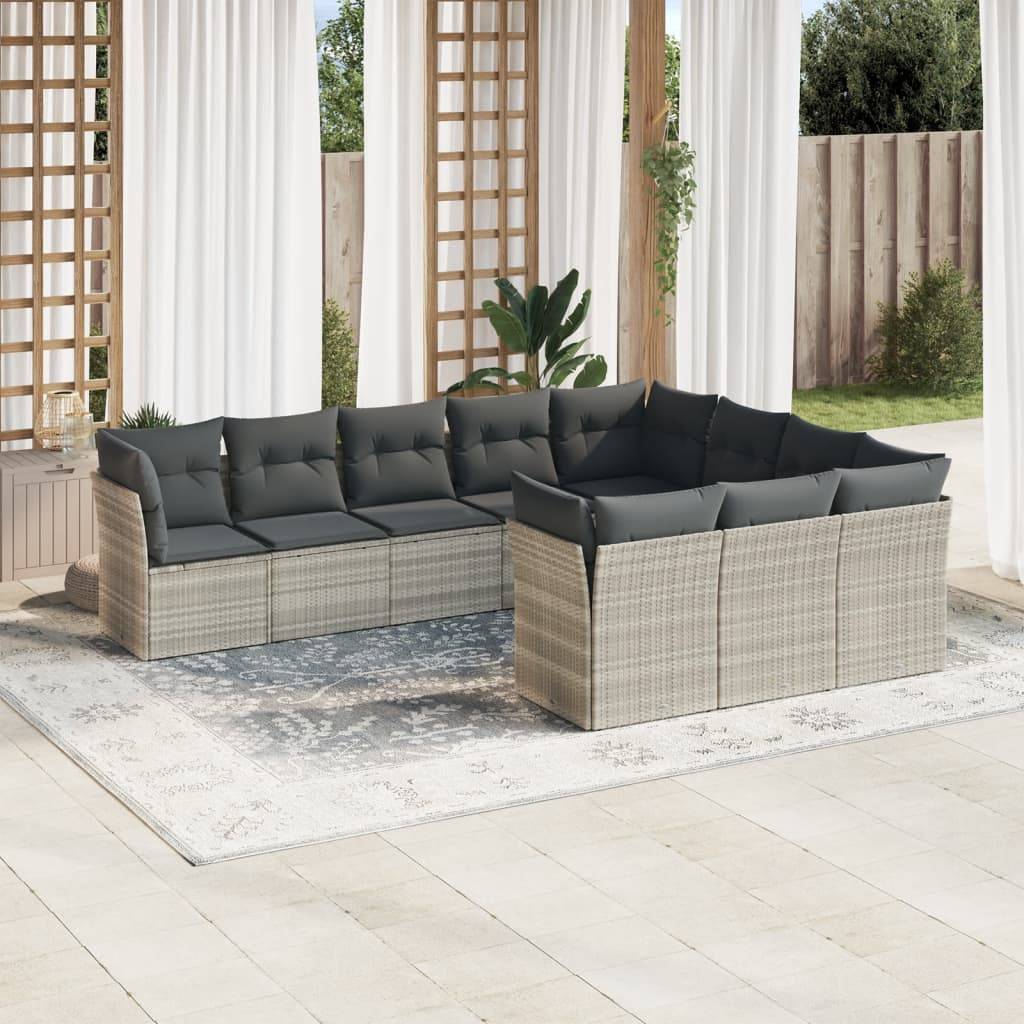 vidaXL 10-tlg. Garten-Sofagarnitur mit Kissen Hellgrau Poly Rattan