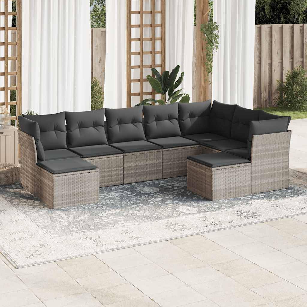 vidaXL 9-tlg. Garten-Sofagarnitur mit Kissen Hellgrau Poly Rattan